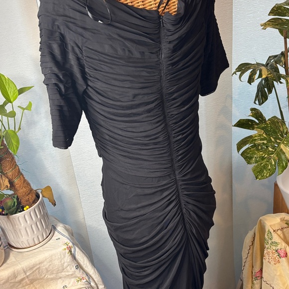 Tadashi Shoji Elegant Black Long Sleeve Gown draped mesh stretch dress - Picture 5 of 8